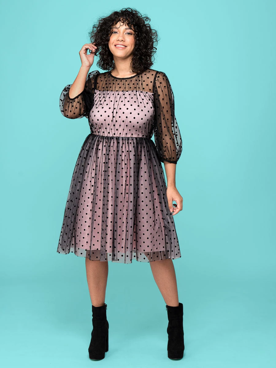 Black Flocked Dot Mesh Pink Dress For Women - Image 2