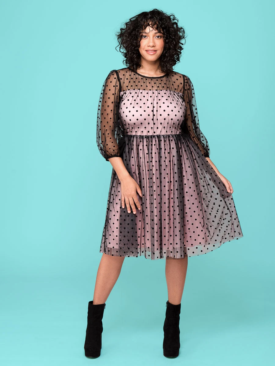 Black Flocked Dot Mesh Pink Dress For Women - Image 3