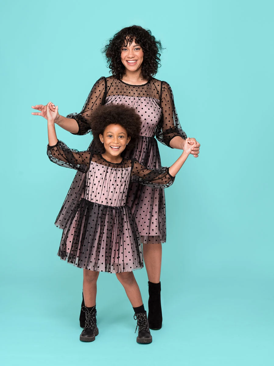 Black Flocked Dot Mesh Pink Dress For Women