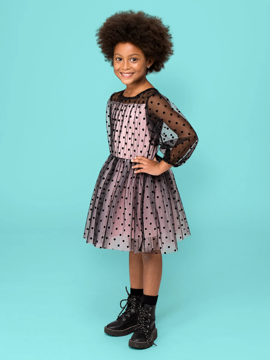 Black Flocked Dot Mesh Pink Dress For Girls - Image 3