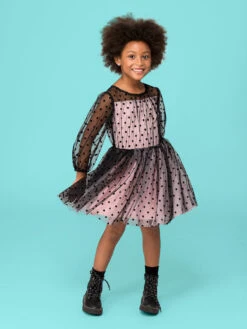 Black Flocked Dot Mesh Pink Dress For Girls