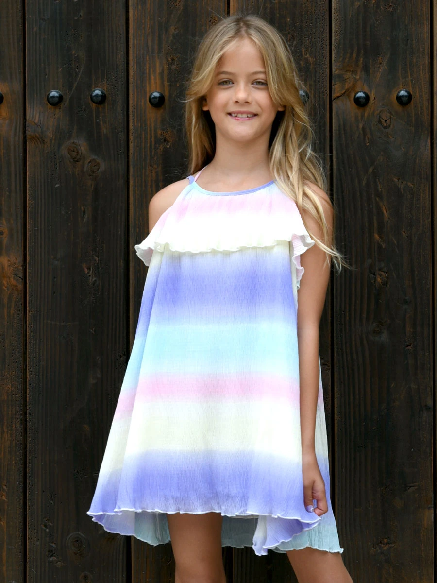 Ruffle Ombre Stripe Dress For Girls