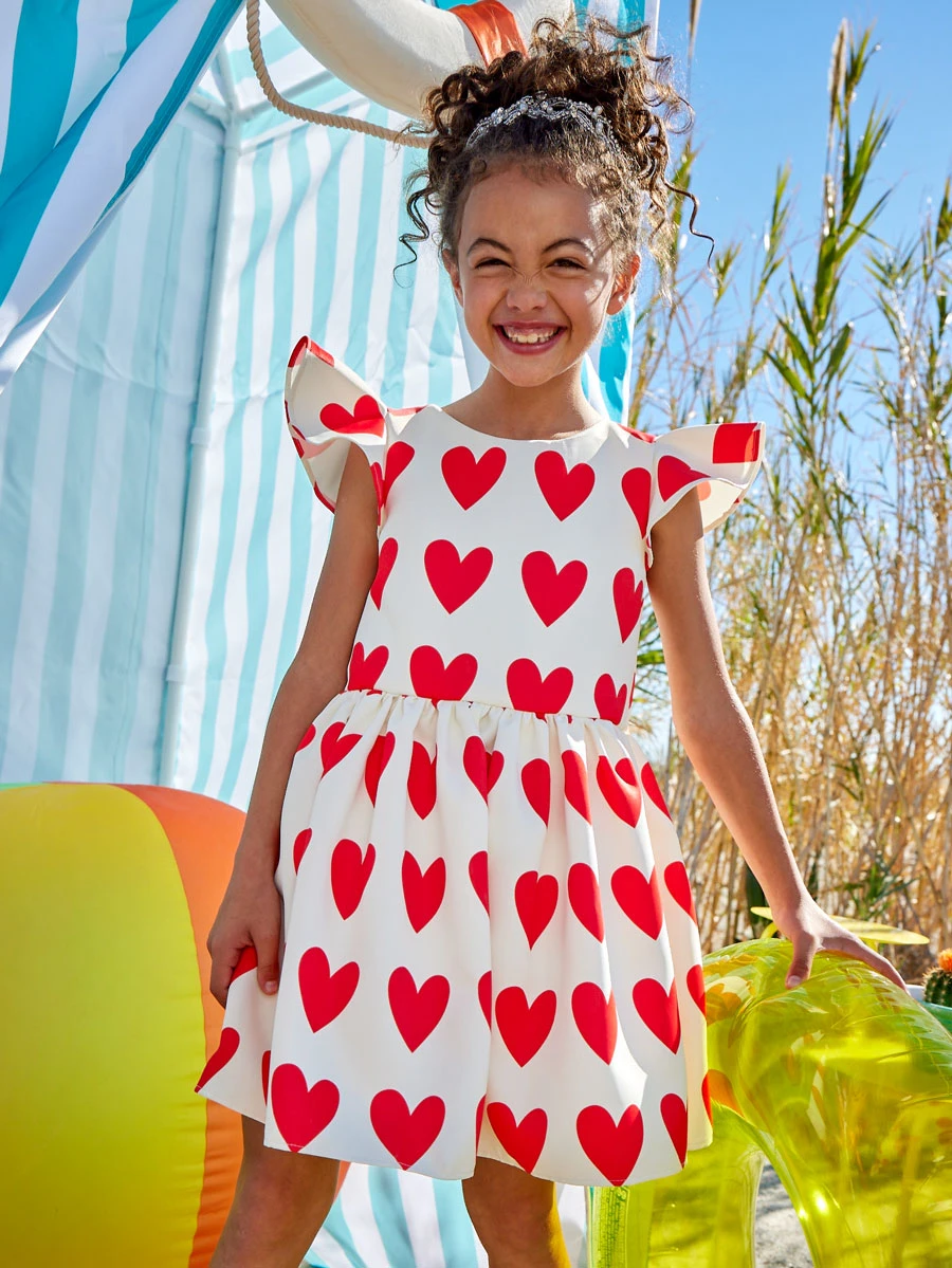 All Over Love Heart Print Dress For Girls