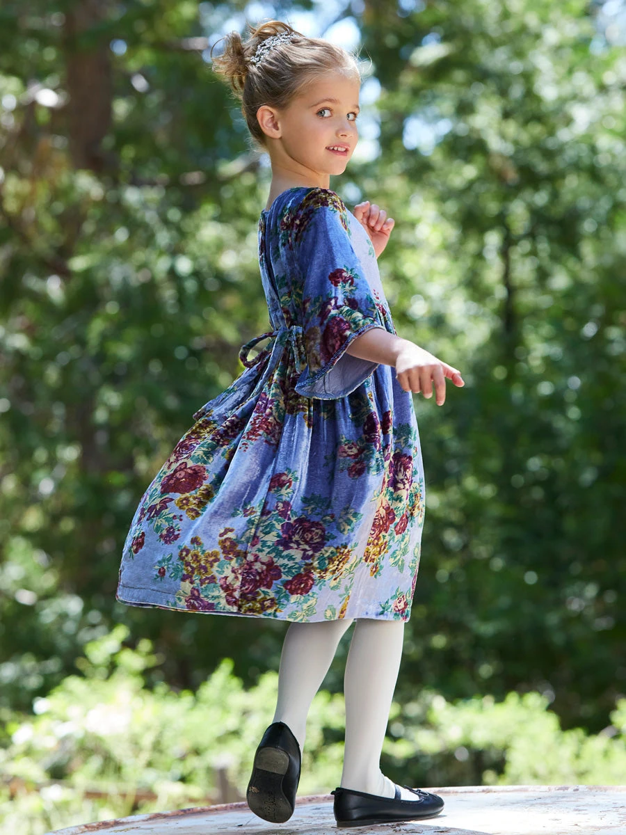 Claudette Blue Floral Velvet Dress For Girls - Image 2