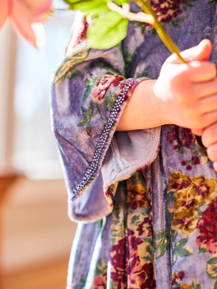 Claudette Blue Floral Velvet Dress For Girls - Image 4