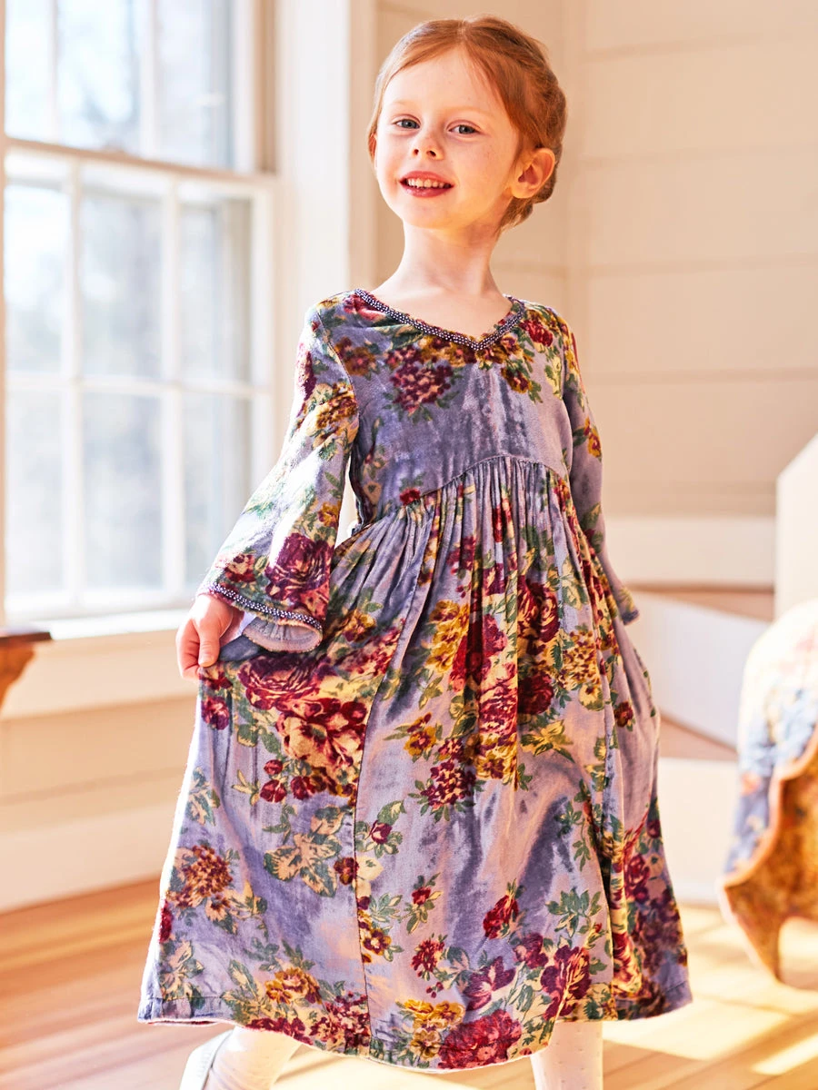 Claudette Blue Floral Velvet Dress For Girls - Image 3